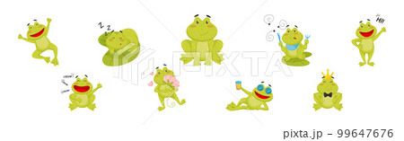 Cute Green Leaping Frog Character Engaged in Different Activity Vector Set Cute Green Leaping Frog Character Engaged in Different Activity Vector Set 99647676