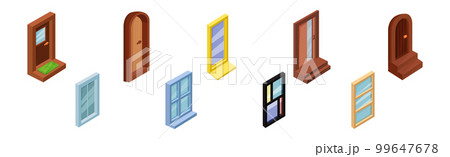 Door as Hinged Entry or Exit and Window Isometric Vector Set 99647678