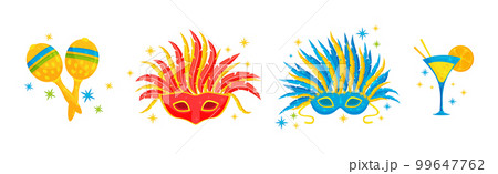 Brazilian Carnival Bright Symbols and Elements with Feathered Mask, Cocktail in Glass and Maraca Vector Set Brazilian Carnival Bright Symbols and Elements with Feathered Mask, Cocktail in Glass and Maraca Vector Set 99647762