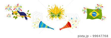 Brazilian Carnival Bright Symbols and Elements with Feathered Mask, Trumpet, Flag and Toucan Bird Vector Set Brazilian Carnival Bright Symbols and Elements with Feathered Mask, Trumpet, Flag and Toucan Bird Vector Set 99647768