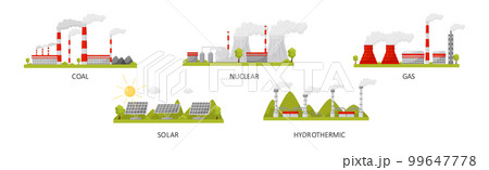 Natural Resources with Coal, Nuclear, Gas, Solar and Hydrothermic Power Plant Vector Set Natural Resources with Coal, Nuclear, Gas, Solar and Hydrothermic Power Plant Vector Set 99647778