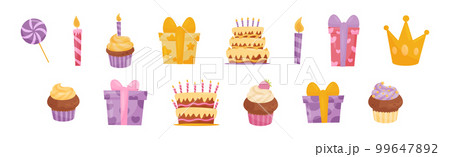 Happy Birthday Symbols with Gift Box, Cupcake and Candle Vector Set 99647892