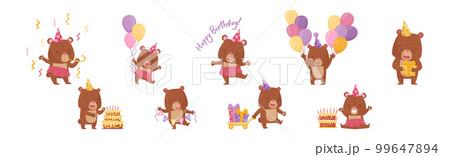 Cute Bear Character in Birthday Hat Celebrating Holiday Vector Set 99647894