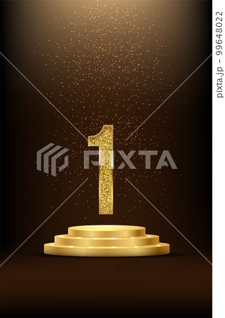 Winners podium with golden number one with glitter light effect vector illustration. 3D realistic gold confetti and illumination fall on pedestal to celebrate first place of champion Winners podium with golden number one with glitter light effect vector illustration. 3D realistic gold confetti and illumination fall on pedestal to celebrate first place of champion 99648022