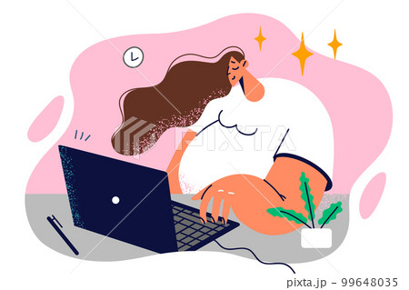Successful woman freelancer working sitting at office desk with laptop preparing electronic report 99648035