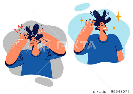Man suffering from dandruff in hair rejoices after using quality shampoo and getting cool hairstyle 99648072