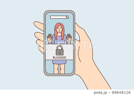Phone in hand with photo of woman and inscription blocked due to unacceptable behavior Phone in hand with photo of woman and inscription blocked due to unacceptable behavior 99648126