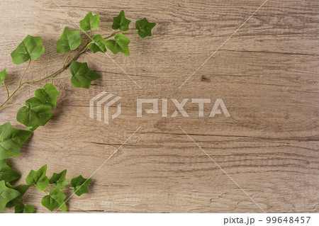 木製のテーブルの上にあるアイビーの葉っぱ 99648457