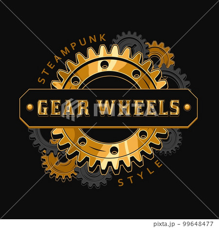Bright vintage label with black, glossy gold gear, text Bright vintage label with black, glossy gold gear, text 99648477