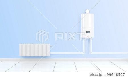 Boiler water heater on blue wall connected pipes with radiator in room with tile floor 3d render. Realistic home appliances, modern central heating system equipment, front view 99648507
