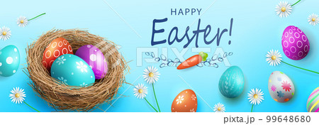 Lovely patterned Easter eggs in a straw nest with flowers 99648680