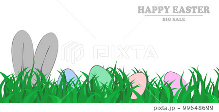 Wide banner with Easter bunny and eggs in green grass on a white background. Classic easter concept - rabbit ears and eggs in the grass. Universal banner with copy space Wide banner with Easter bunny and eggs in green grass on a white background. Classic easter concept - rabbit ears and eggs in the grass. Universal banner with copy space 99648699