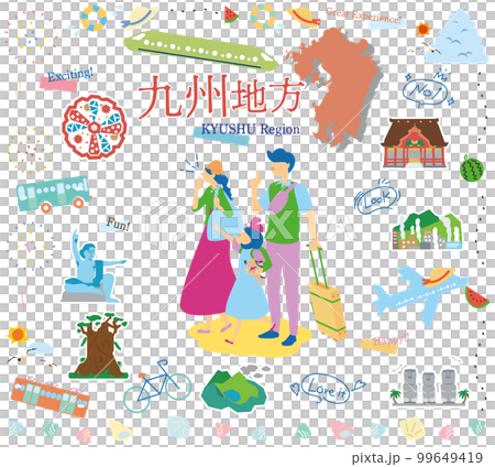 A family of three who enjoys summer specialties sightseeing in the Kyushu region of Japan, a set of icons (flat) A family of three who enjoys summer specialties sightseeing in the Kyushu region of Japan, a set of icons (flat) 99649419