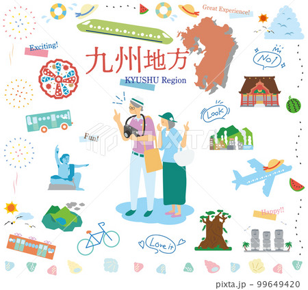 日本の九州地方の夏の名物観光を楽しむシニア夫婦、アイコンのセット（フラット） 99649420