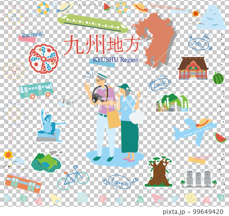 日本の九州地方の夏の名物観光を楽しむシニア夫婦、アイコンのセット（フラット） 99649420