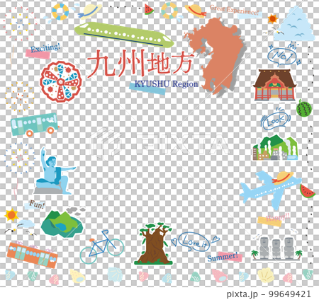日本の九州地方の夏の名物観光のアイコンのセット（フラット） 99649421
