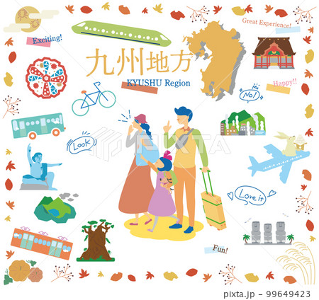 日本の九州地方の秋の名物観光を楽しむ三人家族、アイコンのセット（フラット） 99649423