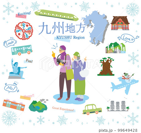 日本の九州地方の冬の名物観光を楽しむシニア夫婦、アイコンのセット（フラット） 99649428
