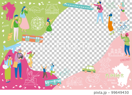 遊客在日本九州地區享受春季特別觀光，一組圖標（平面） 99649430