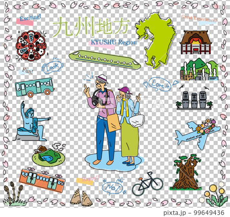 在日本九州地區享受春天特別觀光的老年夫婦，一組圖標（線描） 99649436