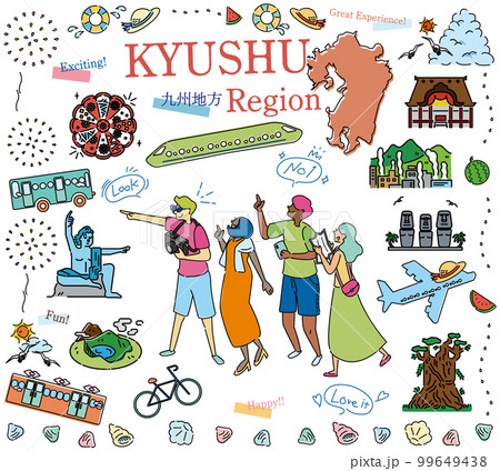 日本の九州地方の夏の名物観光を楽しむ観光客、アイコンのセット（線画） 99649438