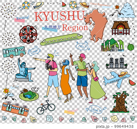 日本の九州地方の夏の名物観光を楽しむ観光客、アイコンのセット（線画） 99649438