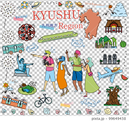 遊客在日本九州地區享受夏季特色觀光，一組圖標（畫線） 99649438