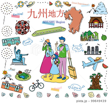 日本の九州地方の夏の名物観光を楽しむ三人家族、アイコンのセット（線画） 99649439