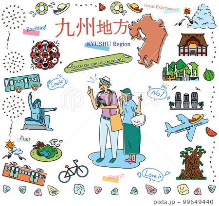 日本の九州地方の夏の名物観光を楽しむシニア夫婦、アイコンのセット(線画) 日本の九州地方の夏の名物観光を楽しむシニア夫婦、アイコンのセット(線画) 99649440