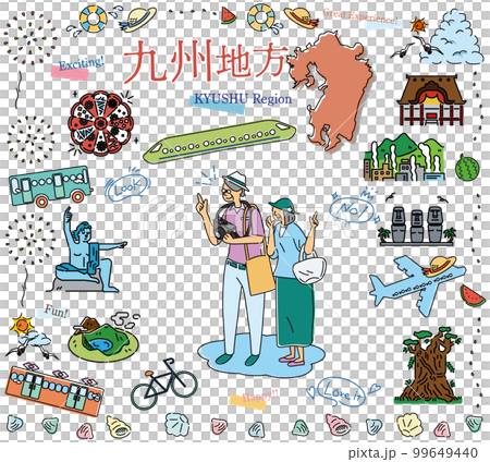 日本の九州地方の夏の名物観光を楽しむシニア夫婦、アイコンのセット(線画) 日本の九州地方の夏の名物観光を楽しむシニア夫婦、アイコンのセット(線画) 99649440