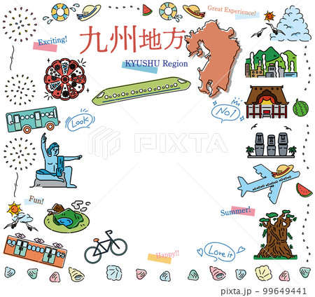 日本の九州地方の夏の名物観光のアイコンのセット（線画） 99649441