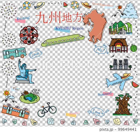 日本の九州地方の夏の名物観光のアイコンのセット（線画） 99649441