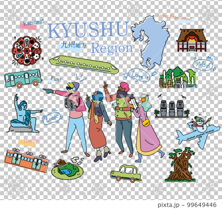 日本の九州地方の冬の名物観光を楽しむ観光客、アイコンのセット（線画） 99649446