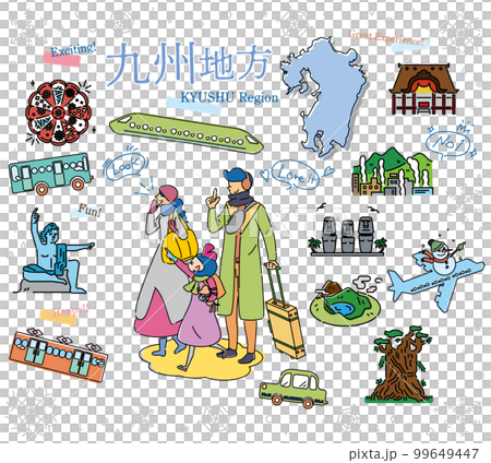 日本の九州地方の冬の名物観光を楽しむ三人家族、アイコンのセット（線画） 99649447