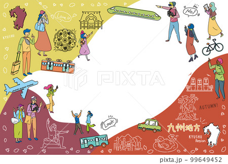 日本の九州地方の秋の名物観光を楽しむ観光客、アイコンのセット（線画） 99649452