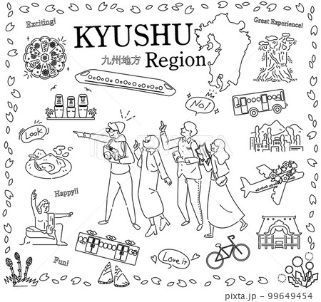 日本の九州地方の春の名物観光を楽しむ観光客、アイコンのセット（線画白黒） 99649454