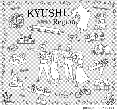 一組圖標（黑白線描），供在日本九州地區享受春季特別觀光的遊客使用 99649454