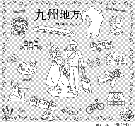 在日本九州地區享受春天特別觀光的一家三口，一組圖標（黑白線描） 99649455