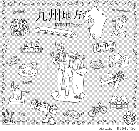 A senior couple who enjoys spring special sightseeing in the Kyushu region of Japan, a set of icons (line drawing black and white) A senior couple who enjoys spring special sightseeing in the Kyushu region of Japan, a set of icons (line drawing black and white) 99649456