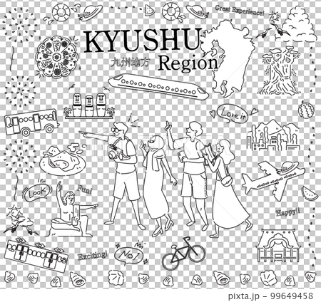 一組圖標(黑白線描),供在日本九州地區享受夏季特色觀光的遊客使用 一組圖標(黑白線描),供在日本九州地區享受夏季特色觀光的遊客使用 99649458