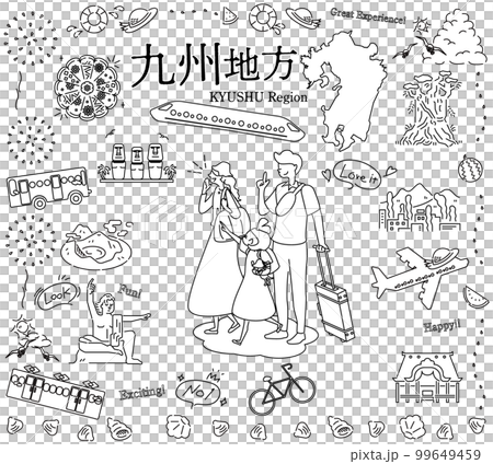 日本の九州地方の夏の名物観光を楽しむ三人家族、アイコンのセット（線画白黒） 99649459