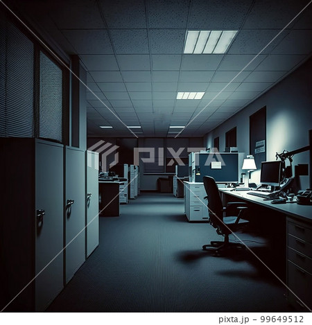 小さな照明が点灯する無人の夜の暗く寂しげなオフィス（会社内） 99649512