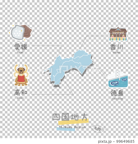 Japan's Shikoku region specialty sightseeing, map, icon set (flat) Japan's Shikoku region specialty sightseeing, map, icon set (flat) 99649685