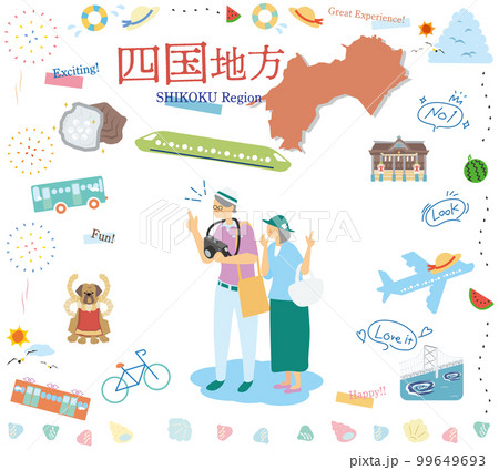 日本の四国地方の夏の名物観光を楽しむシニア夫婦、アイコンのセット（フラット） 99649693