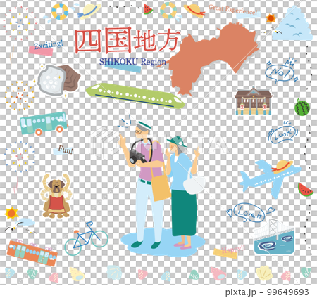 日本の四国地方の夏の名物観光を楽しむシニア夫婦、アイコンのセット（フラット） 99649693