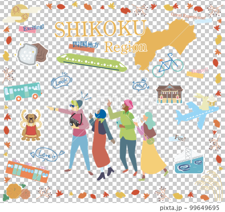 Tourists enjoying the autumn specialty sightseeing in the Shikoku region of Japan, a set of icons (flat) 99649695