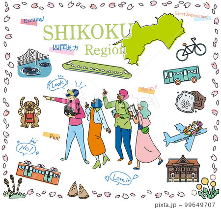日本の四国地方の春の名物観光を楽しむ観光客、アイコンのセット（線画） 99649707
