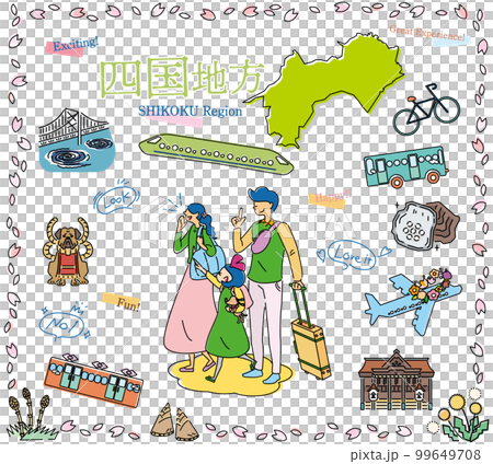 A family of three enjoying spring special sightseeing in the Shikoku region of Japan, a set of icons (line drawing) 99649708