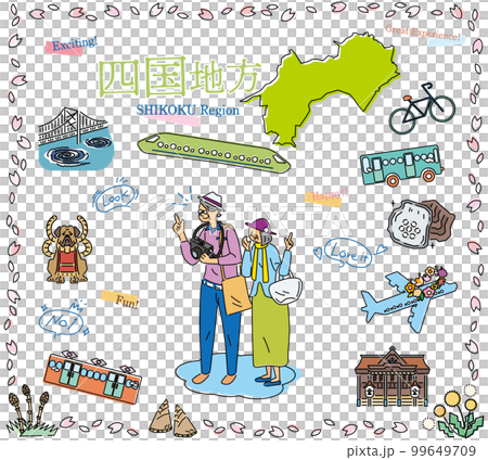 日本の四国地方の春の名物観光を楽しむシニア夫婦、アイコンのセット（線画） 99649709