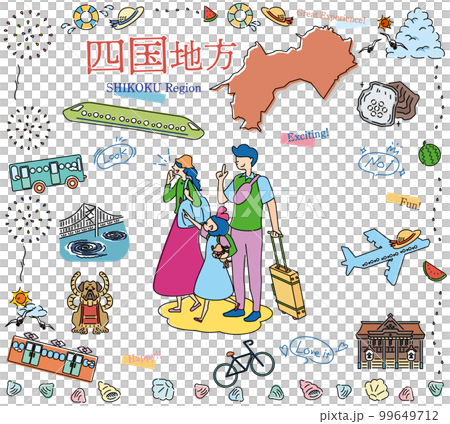 日本の四国地方の夏の名物観光を楽しむ三人家族、アイコンのセット(線画) 日本の四国地方の夏の名物観光を楽しむ三人家族、アイコンのセット(線画) 99649712